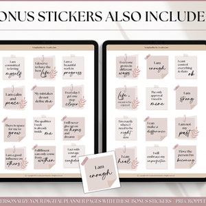 May include: A digital planner with a set of pink and beige motivational stickers. The stickers feature positive affirmations such as "I am enough", "I am strong", and "I can heal".