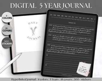 5 year Journal, Digital Daily Journal, GoodNotes iPad Notebook, Hyperlinked Digital 365 Diary, Stickers & Covers, Minimalist, One line a day