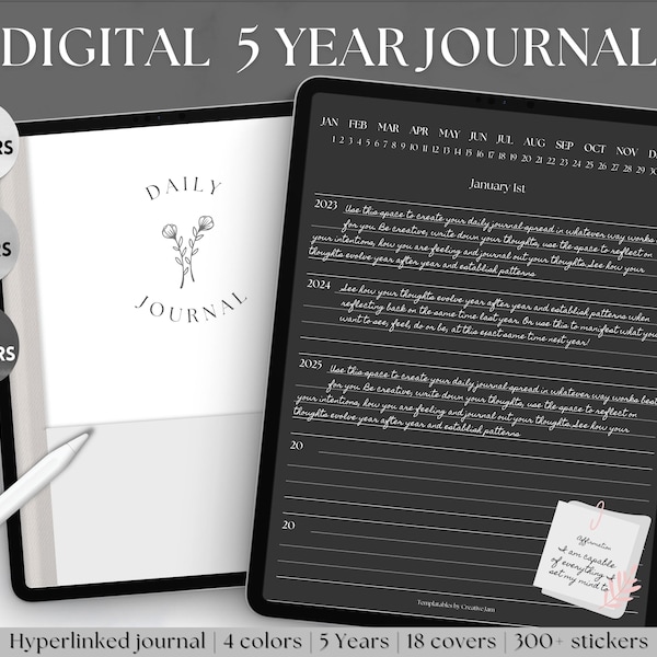 5 year Journal, Digital Daily Journal, GoodNotes iPad Notebook, Hyperlinked Digital 365 Diary, Stickers & Covers, Minimalist, One line a day