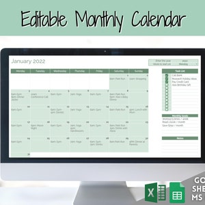 EDITABLE Monthly Calendar, Monthly Planner Template, Automated Spreadsheet, Google Sheets, Excel, Annual, To Do List, Undated Schedule