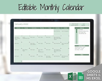 EDITABLE Monthly Calendar, Monthly Planner Template, Automated Spreadsheet, Google Sheets, Excel, Annual, To Do List, Undated Schedule