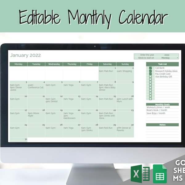 EDITIERBARER Monatskalender, Monatsplanervorlage, automatisierte Kalkulationstabelle, Google Sheets, Excel, Jahreskalender, Aufgabenliste, undatierter Zeitplan