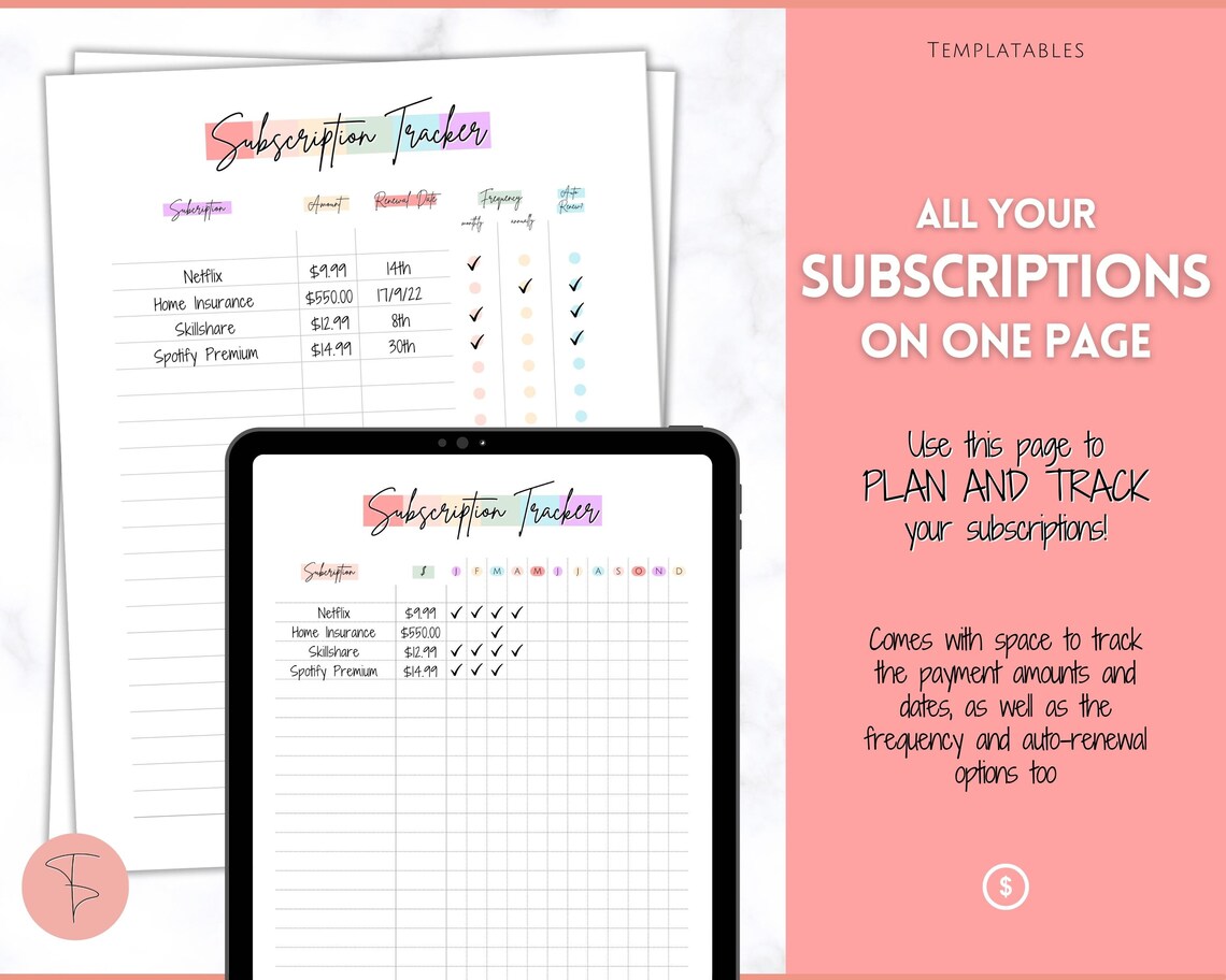 Subscription Tracker Printable, Expense Tracker, Budget Planner ...