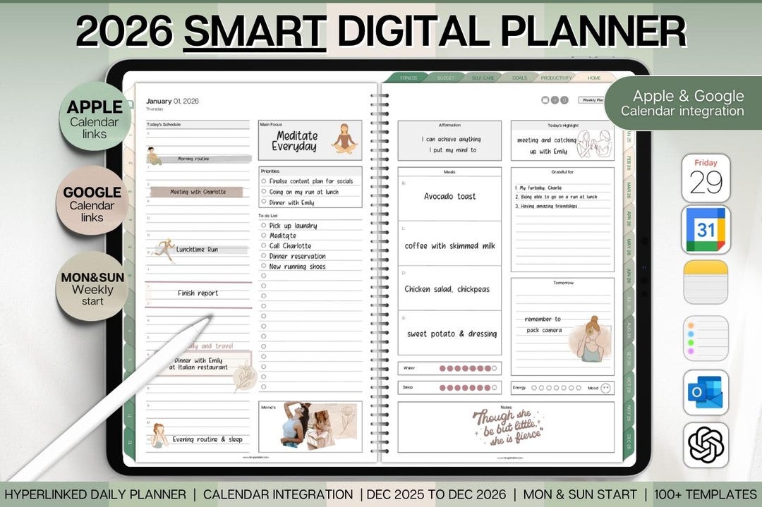 2026 Digital Daily Planner for Goodnotes in Matcha Green Theme - Etsy