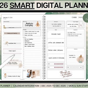May include: A 2026 digital planner displayed on a tablet. The planner features daily, weekly, and monthly views, with sections for notes, to-do lists, and calendar integration. The planner has Apple and Google calendar links.