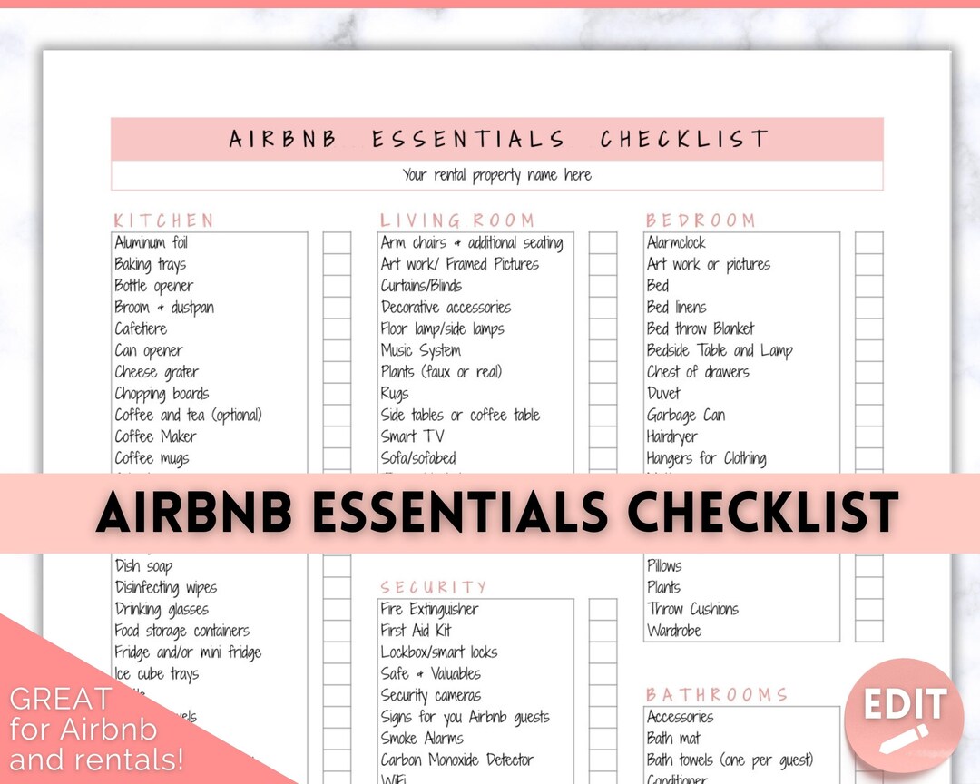 Airbnb Essentials Checklist, EDITABLE Airbnb Inventory List, Household Items, Airbnb Host