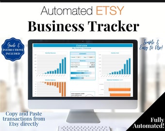 Pode incluir: Um ecrã de computador a mostrar um rastreador de negócios para lojas Etsy. O ecrã mostra gráficos e tabelas com dados sobre as receitas mensais, as despesas e os lucros. O texto no ecrã diz "My Business Overview" e "Summary". O texto no ecrã também diz "Simple & Easy to Use!" e "Fully Automated!"