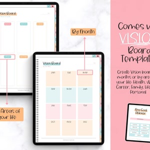 May include: Two digital planners with pastel coloured backgrounds and a third planner with a yellow background. The planners are for creating vision boards by month or by areas of life. The text "Vision Board" is on the top of the planners. The text "Comes with VISION Board Templates" is on the right side of the image. The text "Create Vision board by months or by areas of your life: Health, Wealth, Career, Family, Lifestyle, Personal" is below the text "Vision Board Templates".
