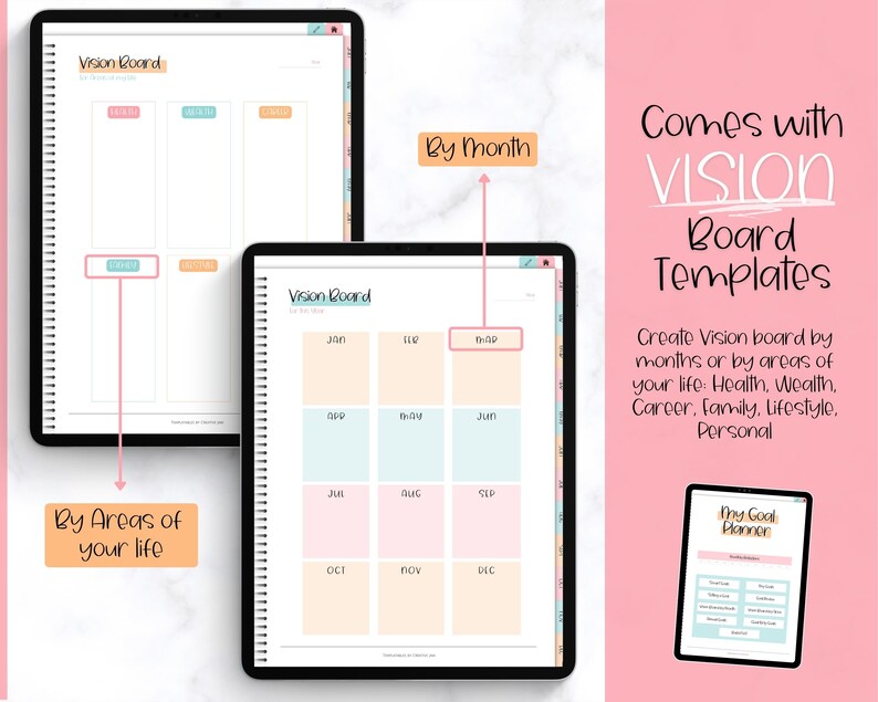 May include: Two digital planners with pastel coloured backgrounds and a third planner with a yellow background. The planners are for creating vision boards by month or by areas of life. The text "Vision Board" is on the top of the planners. The text "Comes with VISION Board Templates" is on the right side of the image. The text "Create Vision board by months or by areas of your life: Health, Wealth, Career, Family, Lifestyle, Personal" is below the text "Vision Board Templates".