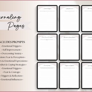 May include: A set of printable journaling pages with a pink and white background. The pages include prompts for emotional triggers, self-improvement, overcoming anxiety, future fear and perception, fears and emotional expressions, mindset and coping strategies, emotional triggers, fear and courage, triggers and reflection, and emotional influences.