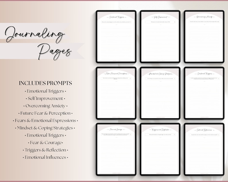 May include: A set of printable journaling pages with a pink and white background. The pages include prompts for emotional triggers, self-improvement, overcoming anxiety, future fear and perception, fears and emotional expressions, mindset and coping strategies, emotional triggers, fear and courage, triggers and reflection, and emotional influences.