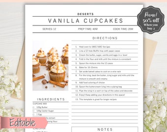 Recipe Page template, EDITABLE Recipe Book Template, Recipe Cards, Minimal Recipe Binder, 8.5x11 Printable Farmhouse, Food Planner Cookbook