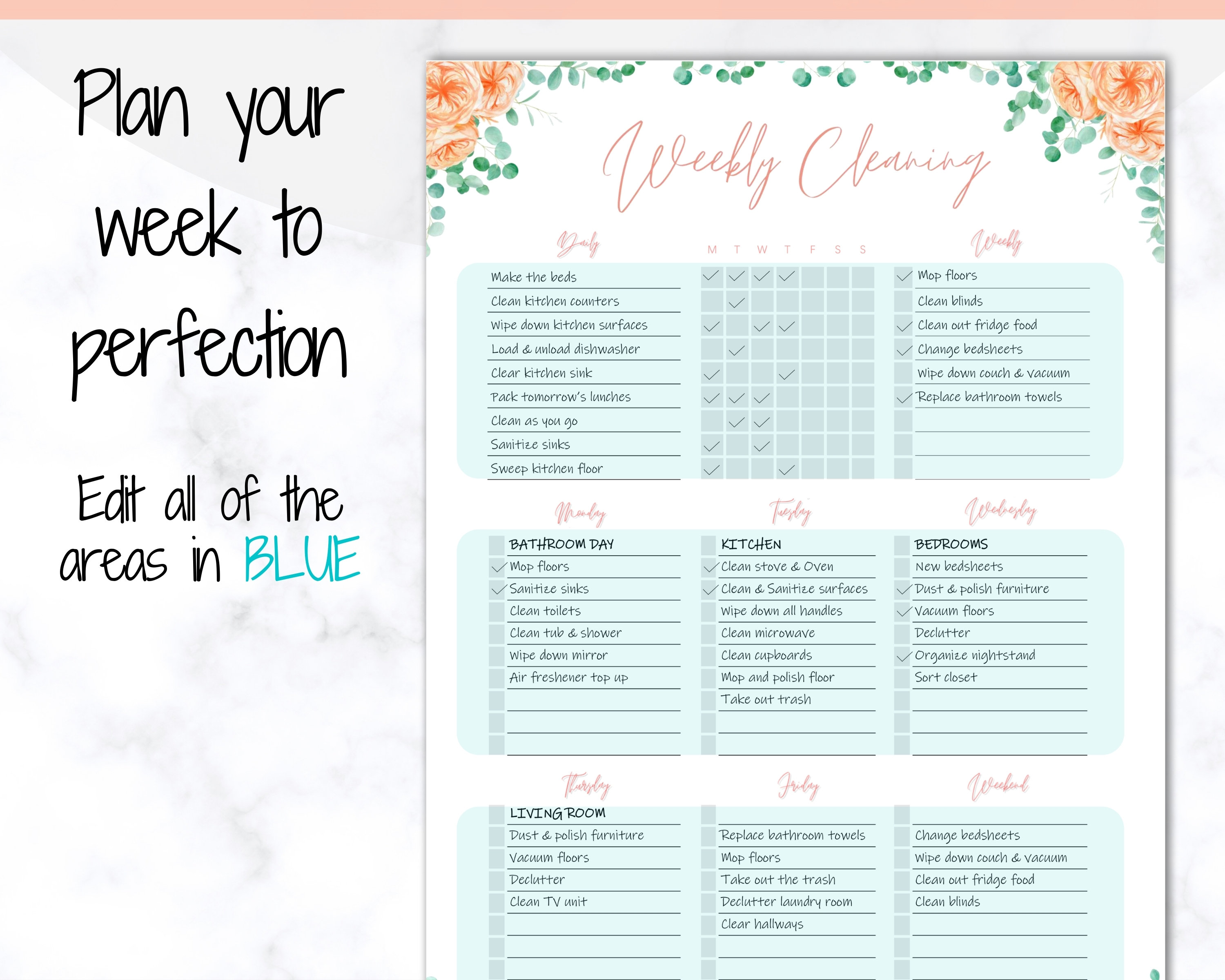 EDITABLE Cleaning Schedule Weekly Cleaning Planner Cleaning | Etsy