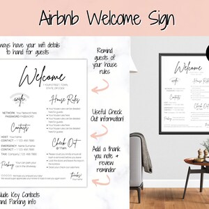 Peut inclure: Une pancarte d'accueil imprimable pour les invit&eacute;s d'Airbnb avec des sections pour les d&eacute;tails du wifi, le r&egrave;glement int&eacute;rieur, les instructions de d&eacute;part et les coordonn&eacute;es. La pancarte est con&ccedil;ue dans un style minimaliste avec du texte noir sur fond blanc.