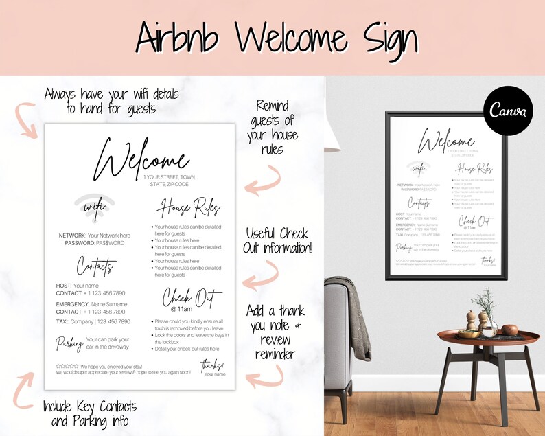 Peut inclure: Une pancarte d'accueil imprimable pour les invit&eacute;s d'Airbnb avec des sections pour les d&eacute;tails du wifi, le r&egrave;glement int&eacute;rieur, les instructions de d&eacute;part et les coordonn&eacute;es. La pancarte est con&ccedil;ue dans un style minimaliste avec du texte noir sur fond blanc.