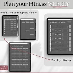 May include: A digital planner with a gray background and white text. The planner is divided into sections for weekly meal planning, shopping lists, fitness tracking, and a weekly index. The text "Plan your Fitness WEEKLY" is at the top of the image.