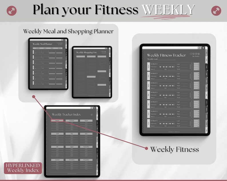May include: A digital planner with a gray background and white text. The planner is divided into sections for weekly meal planning, shopping lists, fitness tracking, and a weekly index. The text "Plan your Fitness WEEKLY" is at the top of the image.