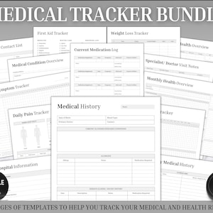 Medical tracker bundle, 50 Medical Binder pages, Medical Planner | Printable Medication, Symptom, Bill, Doctor Visits, Health Pain trackers