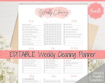 Weekly Cleaning Checklist, EDITABLE  Schedule, Cleaning Planner, Weekly House Chores, Clean Home Routine, Monthly Planner Bundle, Challenge