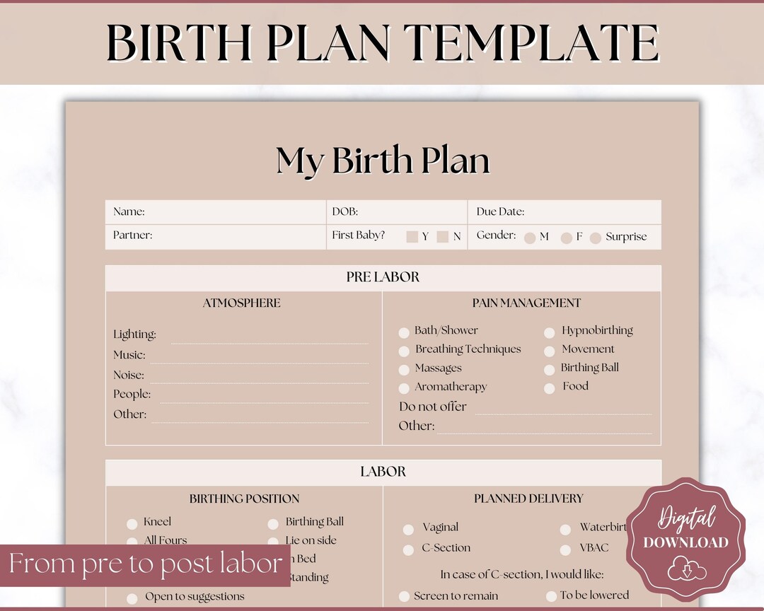 Birth Plan Template Printable Birth Preferences Birthing - Etsy