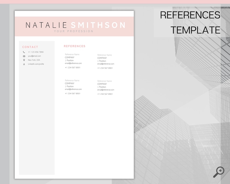 May include: A black and white resume template with a pink header that says "Natalie Smithson, Your Profession". The template includes contact information and a section for references.