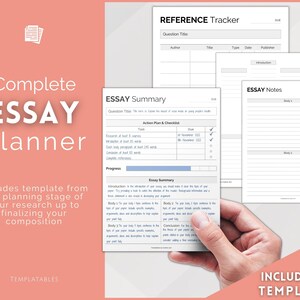 May include: A set of printable essay planner templates. The templates include a reference tracker, essay summary, action plan and checklist, and essay notes. The templates are designed to help students organise their thoughts and research for writing essays.