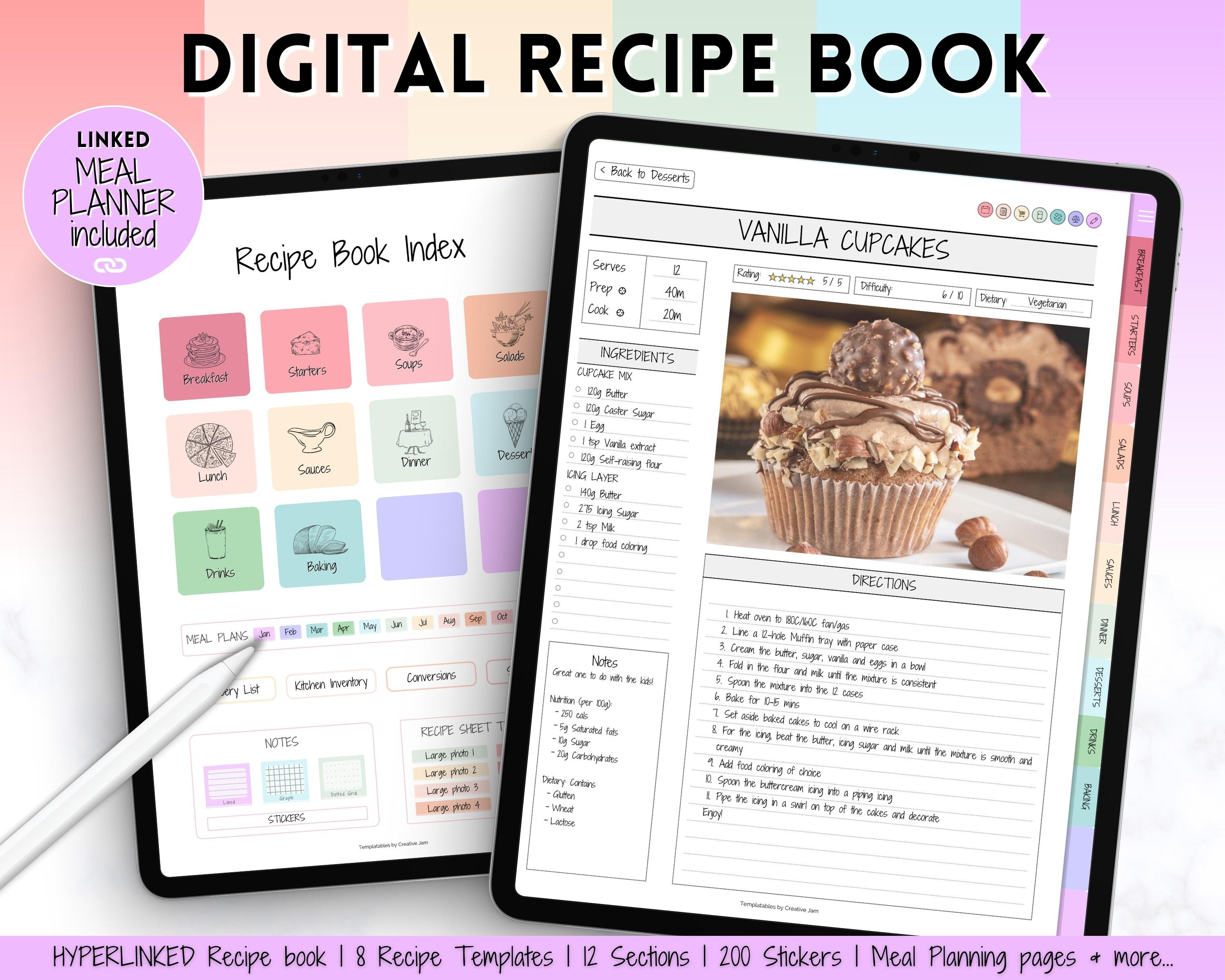 Cute Digital Recipe Book,meal Planner,recipe Journal,digital Cookbook for  Ipad,template for Goodnotes,notability,digitalhyperlinked PDF (Instant  Download) 