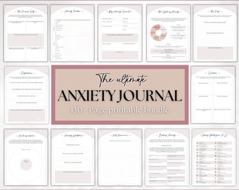 Anxiety Journal, Anxiety Worksheets, 130 pg Anxiety Relief Workbook with 70+ Prompts, CBT Therapy Notebook, Mental Health Wellness Printable