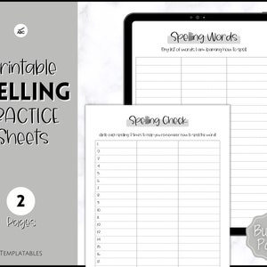 May include: Two printable spelling practice sheets. The first sheet is titled "Spelling Words" and has a list of blank lines for writing words. The second sheet is titled "Spelling Check" and has a list of numbered lines for writing words twice to help remember how to spell them.
