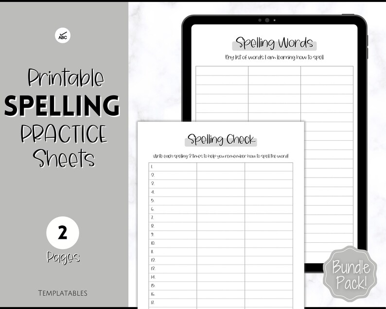 May include: Two printable spelling practice sheets. The first sheet is titled "Spelling Words" and has a list of blank lines for writing words. The second sheet is titled "Spelling Check" and has a list of numbered lines for writing words twice to help remember how to spell them.