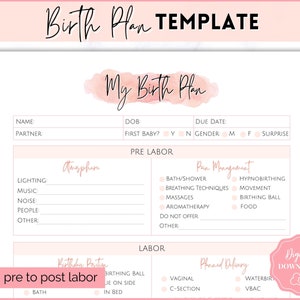 Birth Plan Template, Printable Birth Preferences, Birthing Plan Checklist, Pregnancy Planner, Natural Birth, Hypnobirthing, Simple, Visual