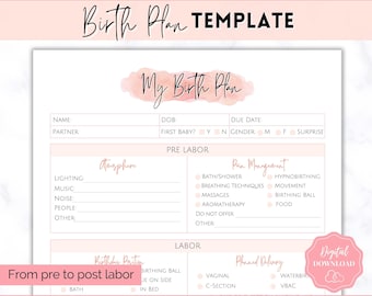 Birth Plan Template, Printable Birth Preferences, Birthing Plan Checklist, Pregnancy Planner, Natural Birth, Hypnobirthing, Simple, Visual