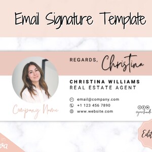 E-mailhandtekeningsjabloon met logo en foto! Bewerkbaar canvas-handtekeningontwerp. Minimalistisch, makelaarsmarketing, onroerend goed, professioneel, Gmail