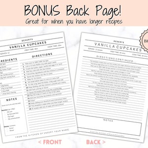 May include: A printable recipe template for vanilla cupcakes with a bonus back page for longer recipes. The front page includes a list of ingredients and directions for making the cupcakes. The back page has space for additional directions and notes.