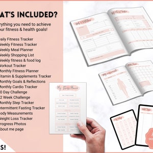 May include: A digital download of a fitness planner with 20 pages. The planner includes trackers for daily fitness, weekly fitness, weekly meals, weekly shopping, weekly fitness and food log, workouts, monthly fitness, vitamins and supplements, monthly goals and reflections, monthly cardio, 30 day challenge, 12 week challenge, monthly steps, intermittent fasting, body measurements, weight loss, progress photos, and an about me page. The planner is pink and white with a digital download label.