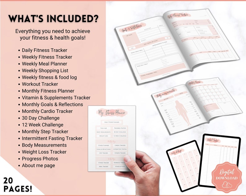 May include: A digital download of a fitness planner with 20 pages. The planner includes trackers for daily fitness, weekly fitness, weekly meals, weekly shopping, weekly fitness and food log, workouts, monthly fitness, vitamins and supplements, monthly goals and reflections, monthly cardio, 30 day challenge, 12 week challenge, monthly steps, intermittent fasting, body measurements, weight loss, progress photos, and an about me page. The planner is pink and white with a digital download label.