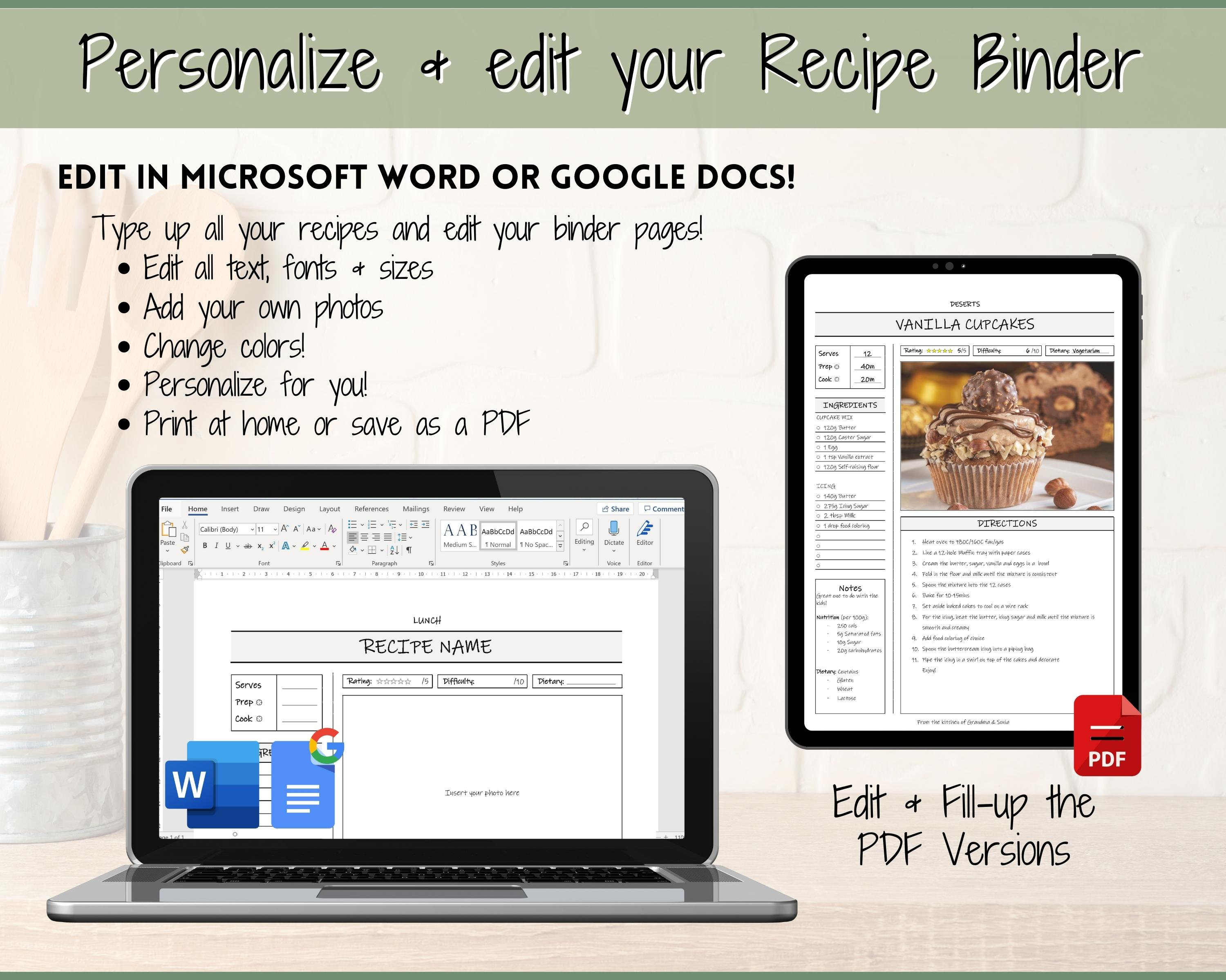 EDITABLE Recipe Binder Kit, Recipe Book Template BUNDLE, Cookbook Kit ...