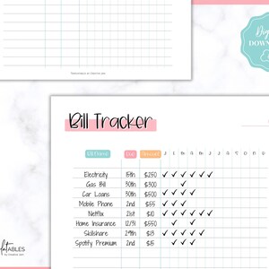 May include: A printable bill tracker with a pink, peach, and blue color scheme. The tracker includes columns for bill name, due date, amount, and checkboxes for each month of the year. The text "Bill Tracker" is at the top of the page.