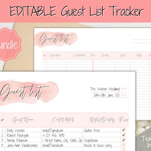 Guest List Template, Editable Guest List Tracker with RSVP, Party, Events, Birthday & Wedding Guest List, Wedding Planner Printable, Gifts