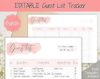 Guest List Template, Editable Guest List Tracker with RSVP, Party, Events, Birthday & Wedding Guest List, Wedding Planner Printable, Gifts
