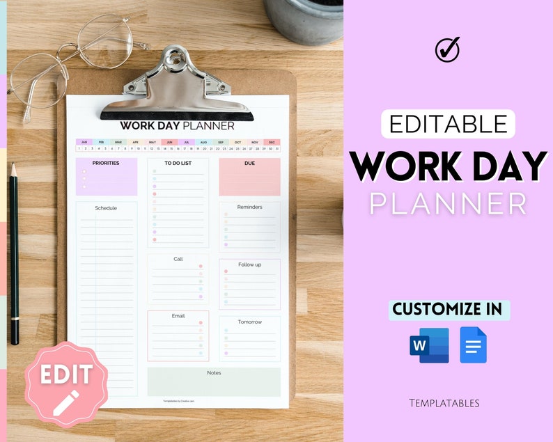 Editable Work Day Organizer Daily Planner Work From Home to Etsy