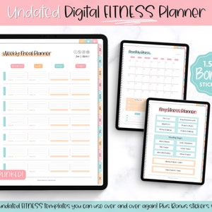May include: A digital fitness planner with a weekly meal planner, monthly fitness calendar, and daily fitness planner. The planner is undated and includes 1.5k+ bonus stickers. The planner is hyperlinked and includes fitness templates.