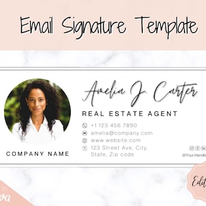 E-mailhandtekeningsjabloon met logo en foto! Bewerkbaar canvas-handtekeningontwerp. Minimalistisch, makelaarsmarketing, onroerend goed, professioneel, Gmail