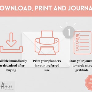 May include: A pink and white graphic with three steps for using a digital planner: download, print, and journal. The graphic includes icons for a download, a printer, and a checklist. The text "Digital Download" is in a pink circle.