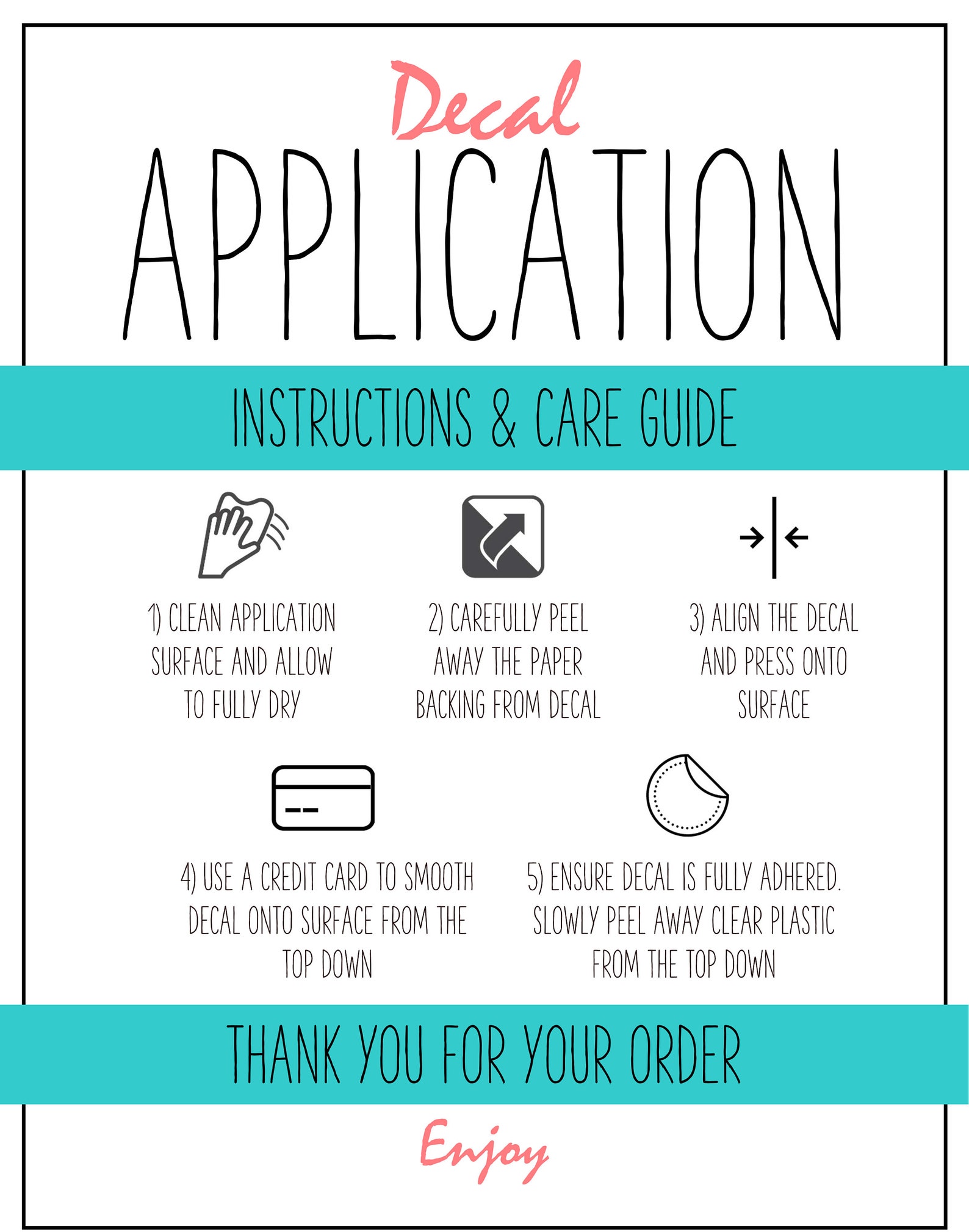 printable vinyl decal care card instructions decal etsy
