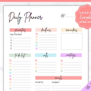 DAILY PLANNER PRINTABLE | To Do List | Printable Productivity Day Planner for Work | Work Day Diary Insert | Template | Pdf | Organize