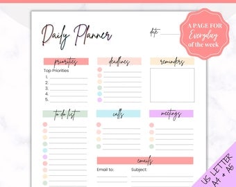 DAILY PLANNER PRINTABLE | To Do List | Printable Productivity Day Planner for Work | Work Day Diary Insert | Template | Pdf | Organize