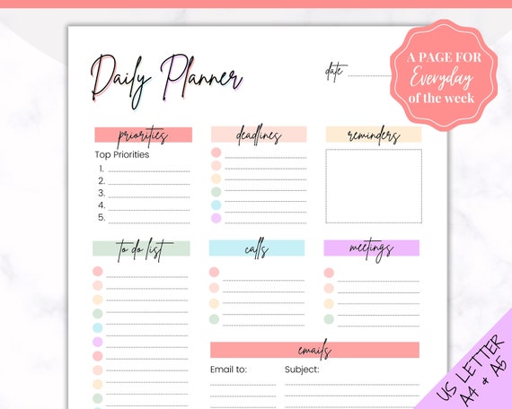 DAILY PLANNER PRINTABLE to Do List Printable Productivity Day Planner for  Work Work Day Diary Insert Template Pdf Organize 