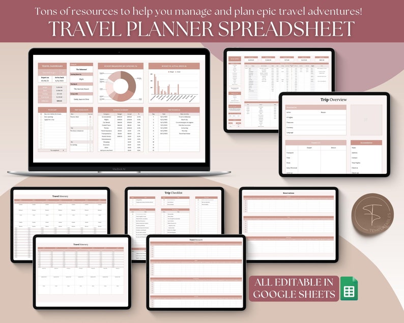 Pu&ograve; includere: Un modello di foglio di calcolo digitale per pianificare un viaggio. Il modello include sezioni per la panoramica del viaggio, l'itinerario, la checklist e le spese. Il modello &egrave; modificabile in Google Sheets. Il testo "ALL EDITABLE IN GOOGLE SHEETS" &egrave; visualizzato nell'angolo in basso a destra dell'immagine.