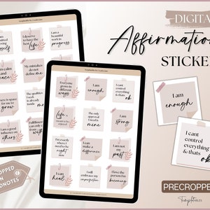 Könnte beinhalten: Digitale druckbare Aufkleber mit positiven Affirmationen. Die Aufkleber sind rosa und beige mit einem floralen Design. Der Text auf den Aufklebern enthält Sätze wie "Ich bin genug", "Ich kann heilen" und "Ich bin stark".